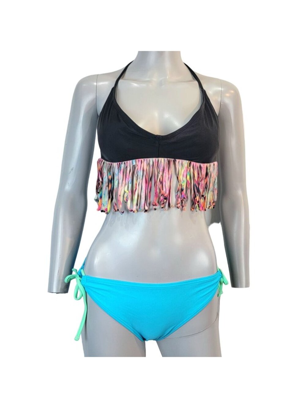 Bongo Vintage Y2K Bikini Women Medium Boho Black Fringe Top Blue Swim Bottom 10